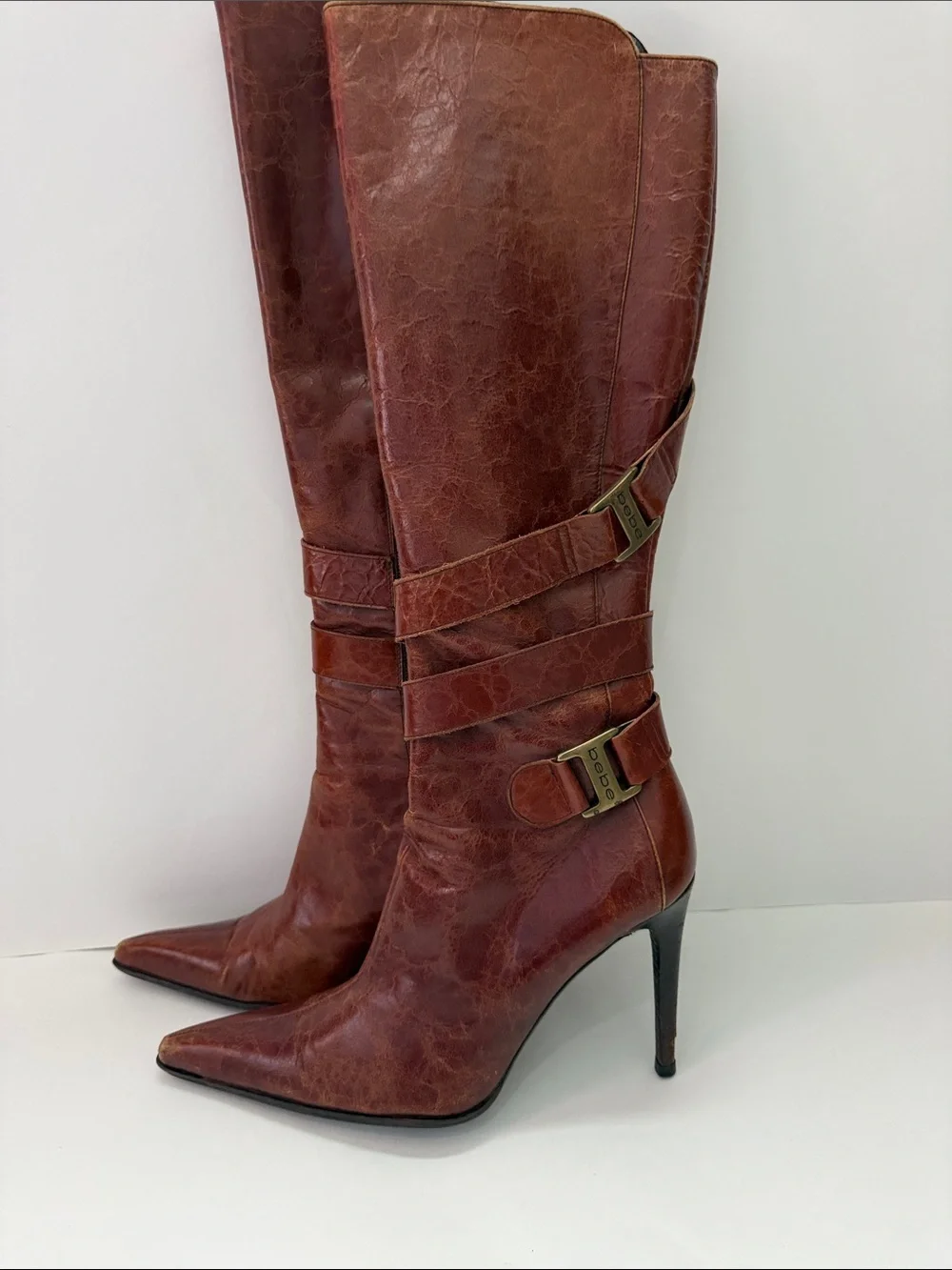 bebe leather Chestnut Brown Pointed Toe Over-the-Knee Stiletto Boots